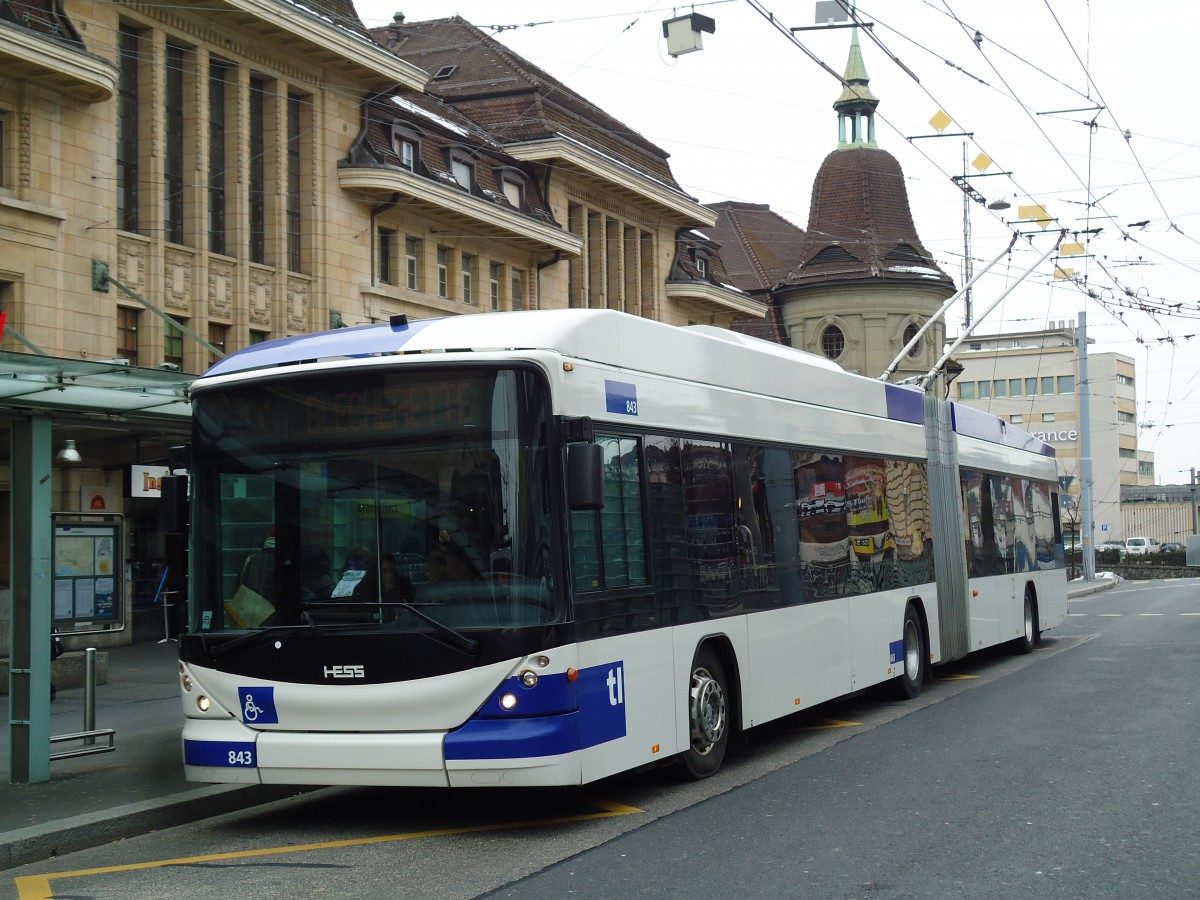 (143'415) - TL Lausanne - Nr. 843 - Hess/Hess Gelenktrolleybus am 22. Februar 2013 beim Bahnhof Lausanne