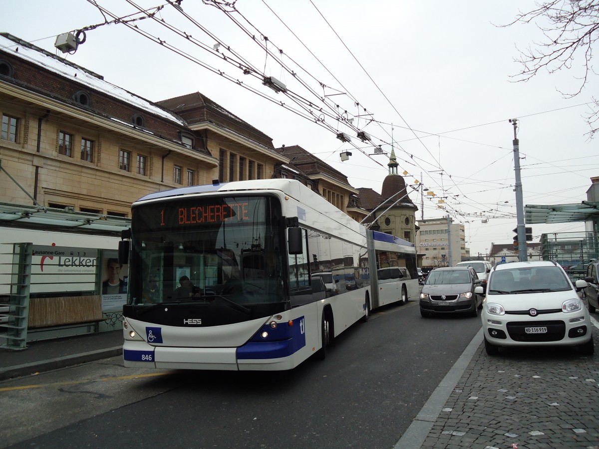 (143'419) - TL Lausanne - Nr. 846 - Hess/Hess Gelenktrolleybus am 22. Februar 2013 beim Bahnhof Lausanne