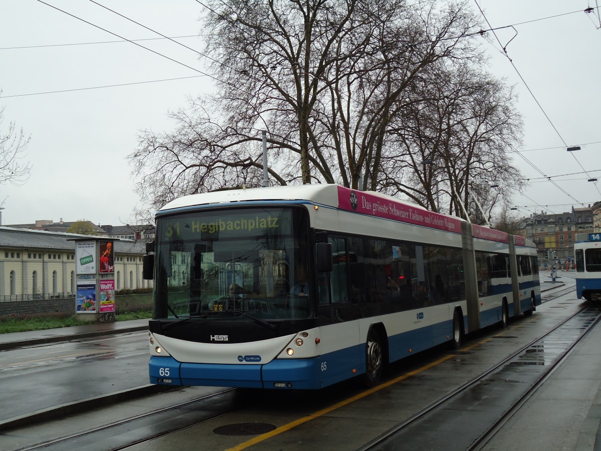 (143'724) - VBZ Zrich - Nr. 65 - Hess/Hess Doppelgelenktrolleybus am 21. April 2013 in Zrich, Sihlpost