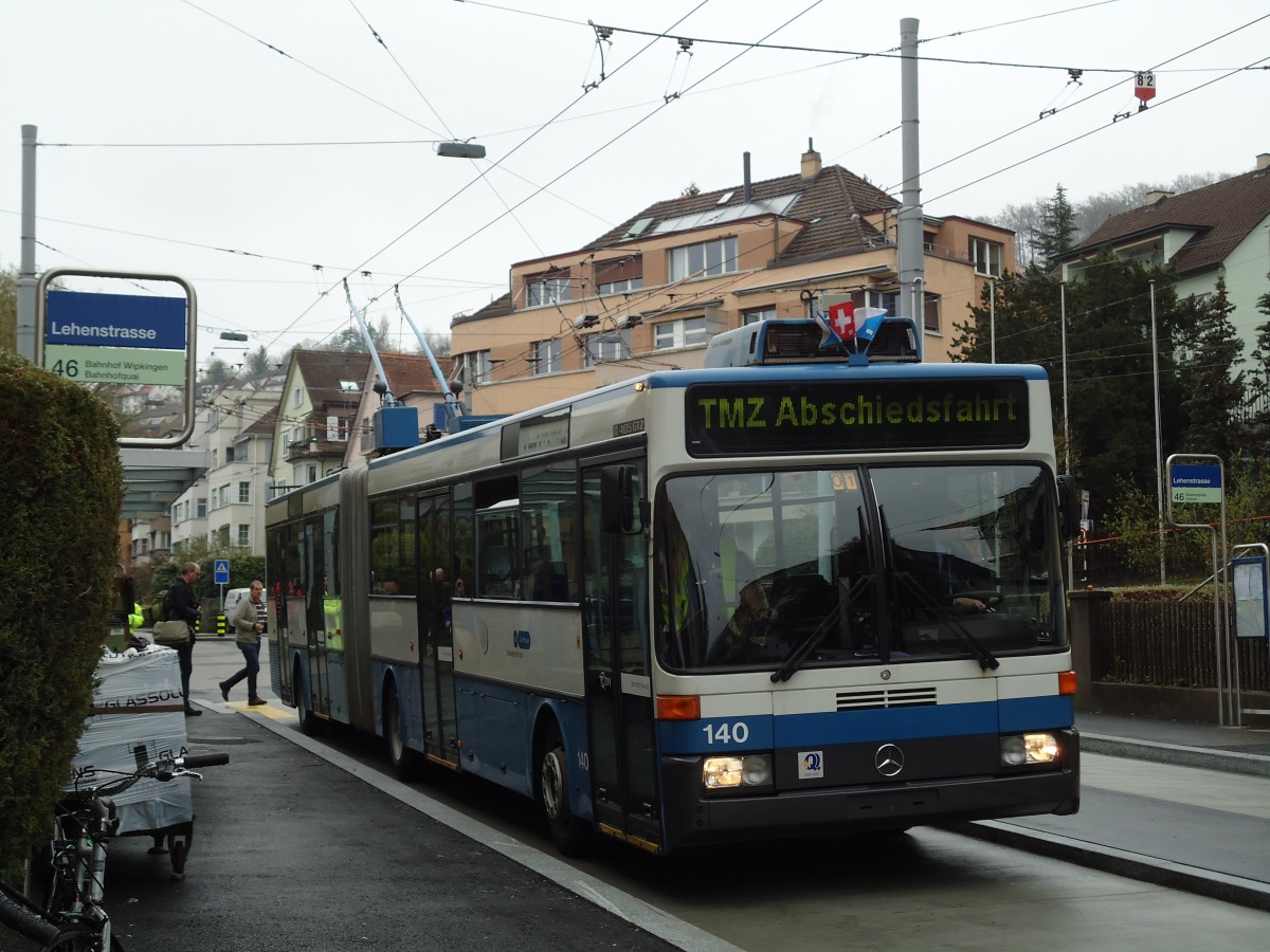 (143'764) - VBZ Zrich - Nr. 140 - Mercedes Gelenktrolleybus am 21. April 2013 in Zrich, Lehenstrasse