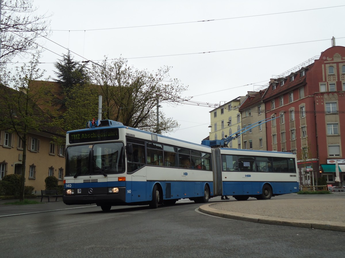 (143'768) - VBZ Zrich - Nr. 140 - Mercedes Gelenktrolleybus am 21. April 2013 in Zrich, Bullingerplatz