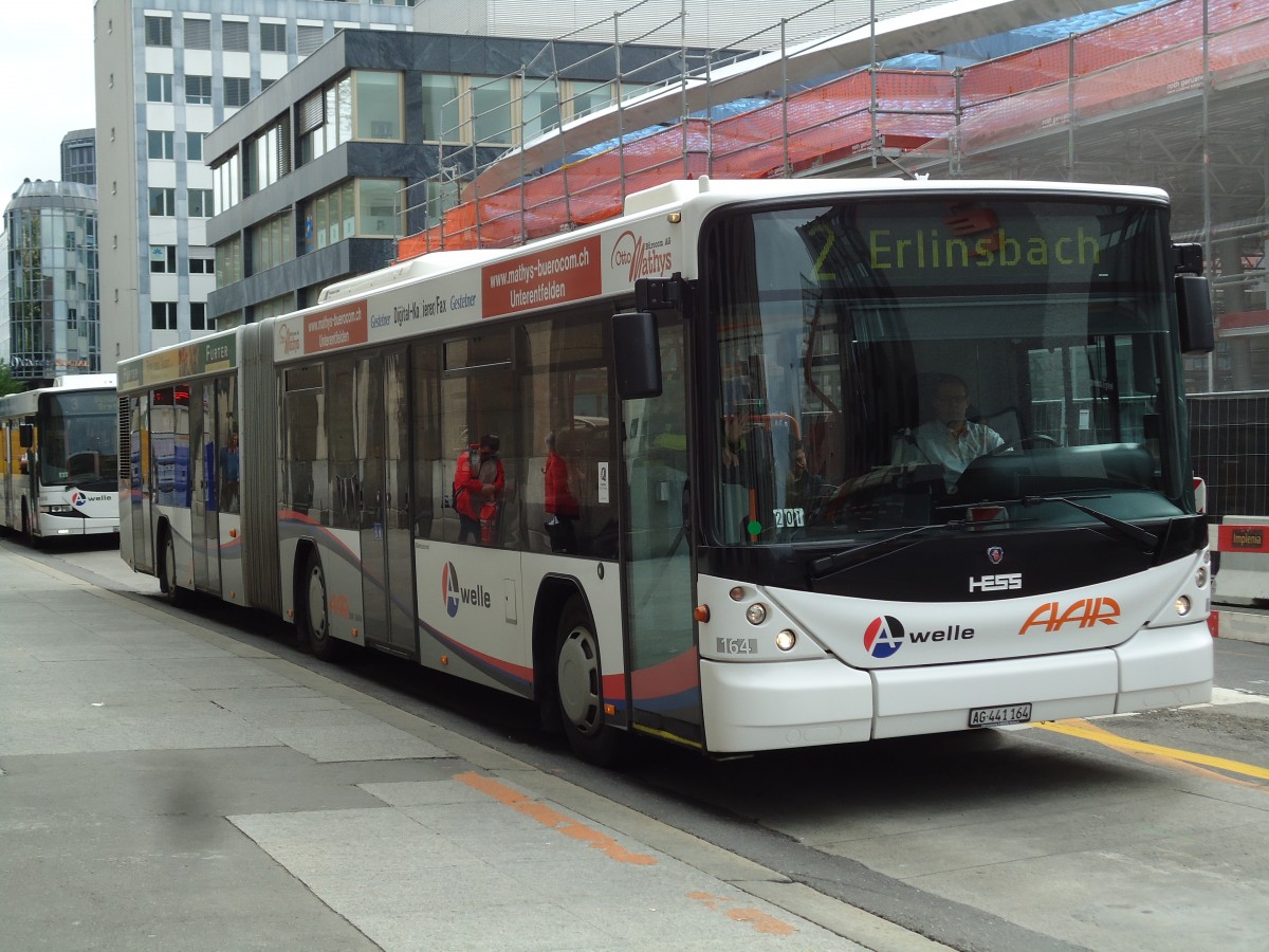 (143'965) - AAR bus+bahn, Aarau - Nr. 164/AG 441'164 - Scania/Hess am 9. Mai 2013 beim Bahnhof Aarau 