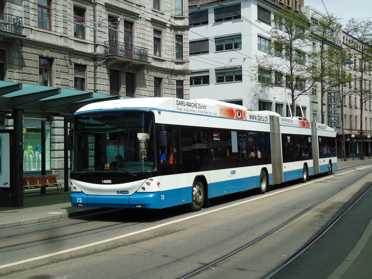 (143'985) - VBZ Zrich - Nr. 73 - Hess/Hess Doppelgelenktrolleybus am 9. Mai 2013 in Zrich, Lwenplatz