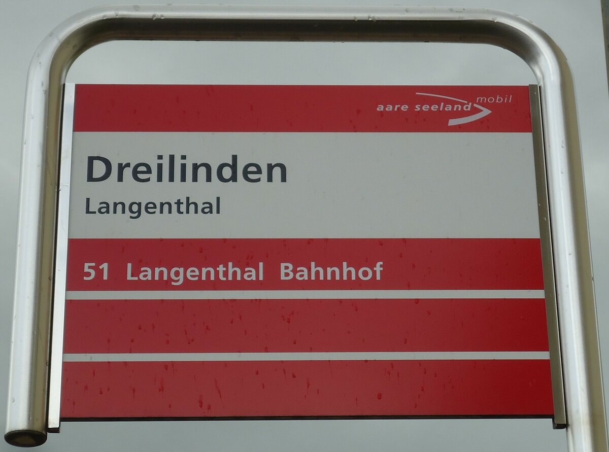 (144'096) - aare seeland mobil-Haltestellenschild - Langenthal, Dreilinden - am 12. Mai 2013