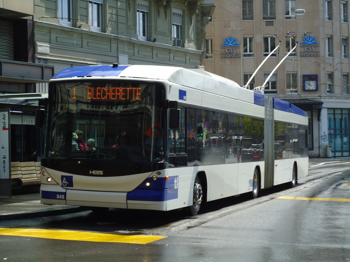 (144'593) - TL Lausanne - Nr. 848 - Hess/Hess Gelenktrolleybus am 26. Mai 2013 in Lausanne, Bel-Air