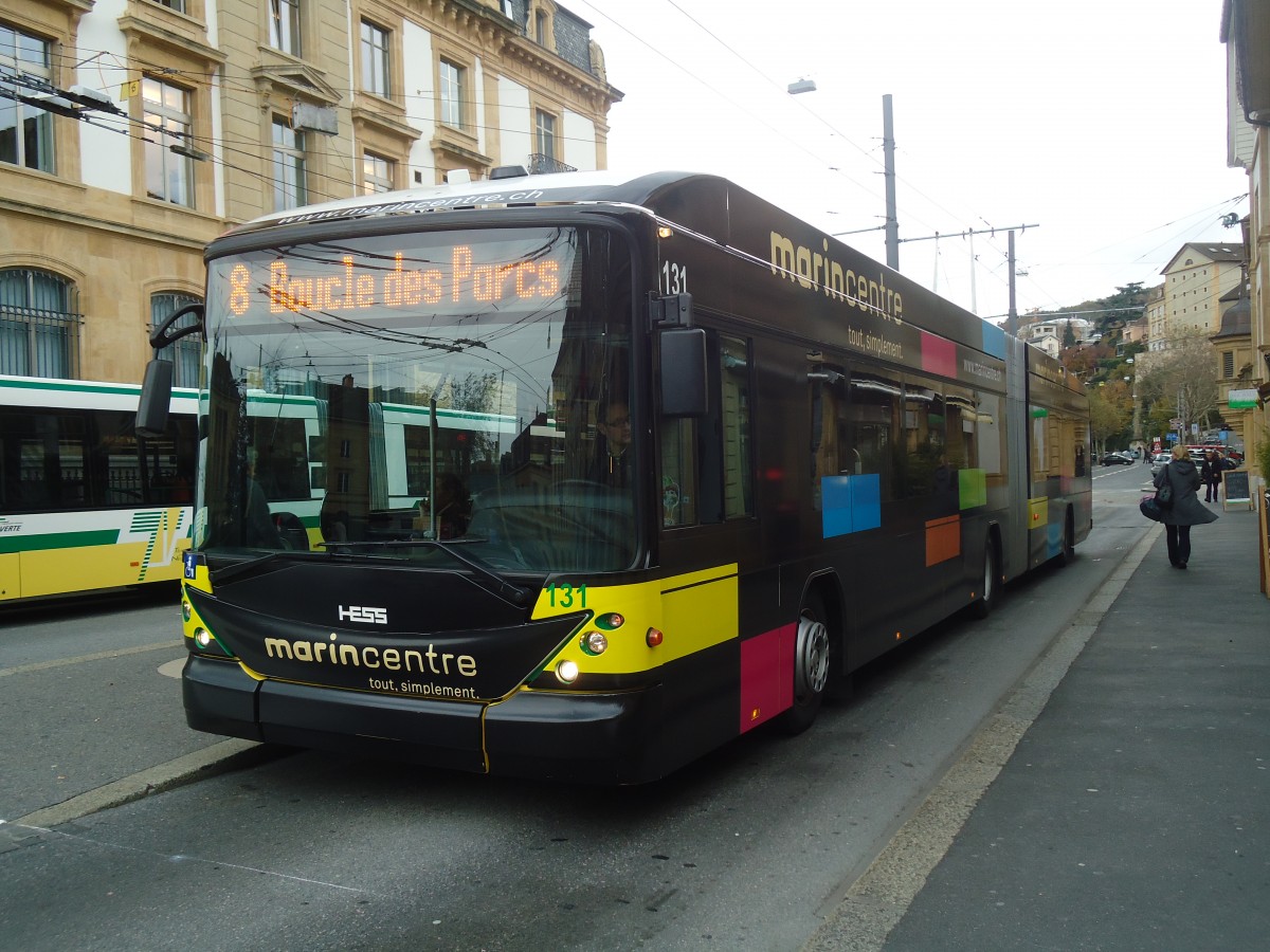 (148'013) - transN, La Chaux-de-Fonds - Nr. 131 - Hess/Hess Gelenktrolleybus (ex TN Neuchtel Nr. 131) am 8. November 2013 in Neuchtel, Place Pury