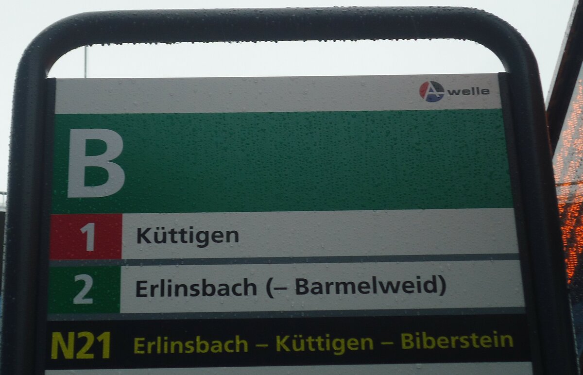 (148'488) - A-welle-Haltestellenschild - Aarau, Bahnhof - am 26. Dezember 2013