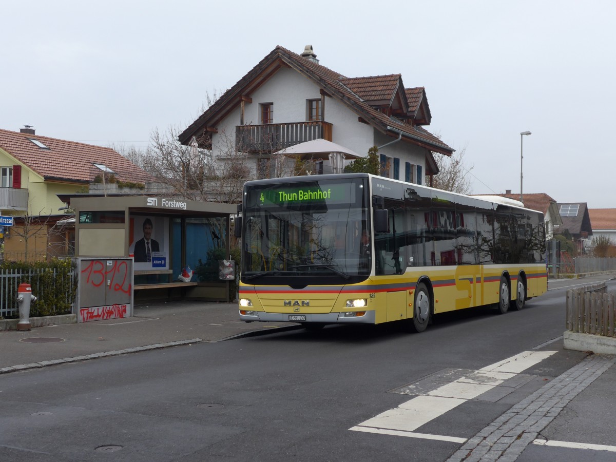 (148'652) - STI Thun - Nr. 139/BE 801'139 - MAN am 20. Januar 2014 in Thun-Lerchenfeld, Forstweg