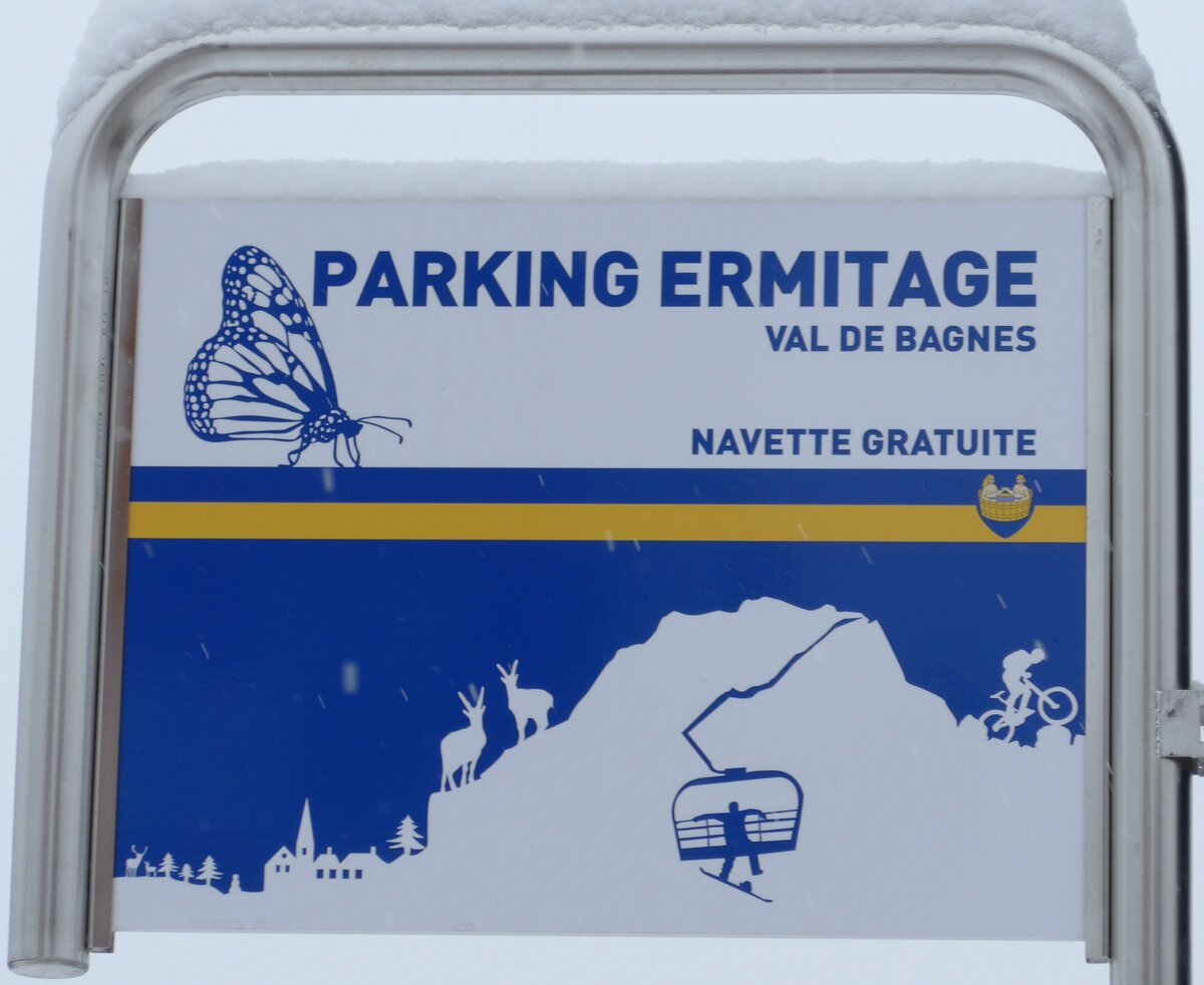 (148'699) - NAVETTE GRATUITE-Haltestellenschild - Verbier, Parking Ermitage - am 2. Februar 2014