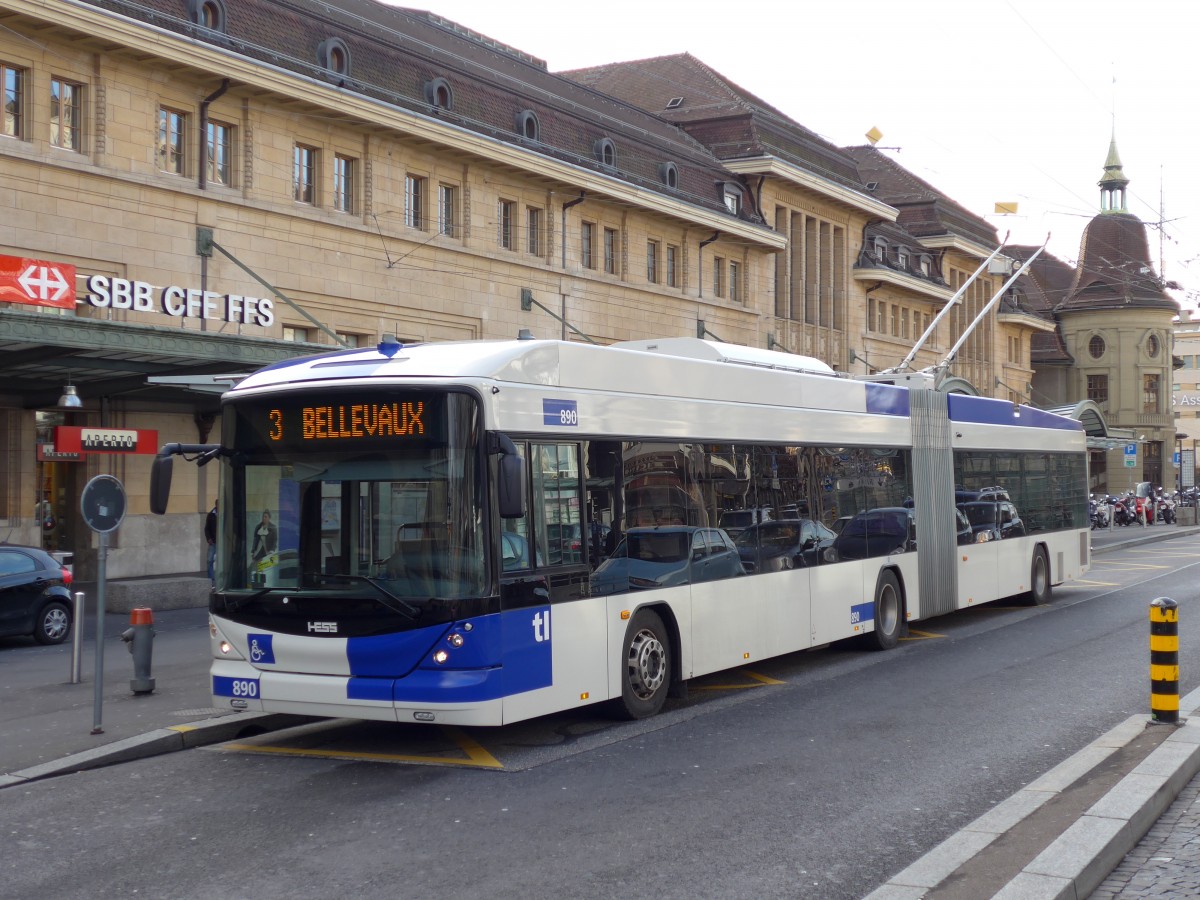 (148'758) - TL Lausanne - Nr. 890 - Hess/Hess Gelenktrolleybus am 2. Februar 2014 beim Bahnhof Lausanne