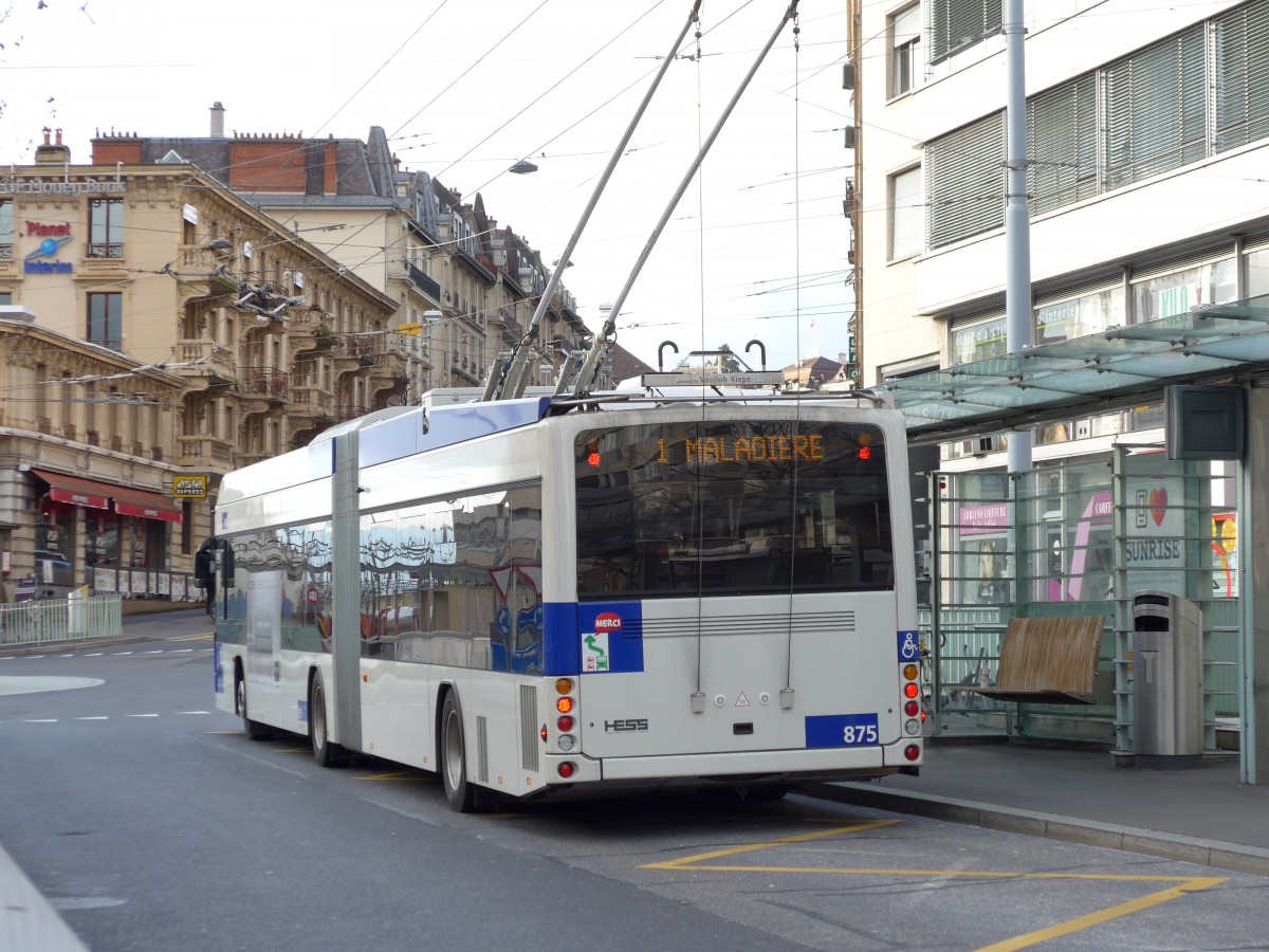 (148'762) - TL Lausanne - Nr. 875 - Hess/Hess Gelenktrolleybus am 2. Februar 2014 beim Bahnhof Lausanne