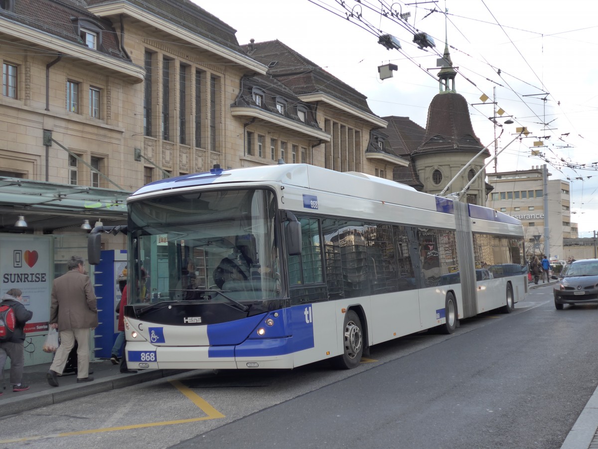 (148'763) - TL Lausanne - Nr. 868 - Hess/Hess Gelenktrolleybus am 2. Februar 2014 beim Bahnhof Lausanne