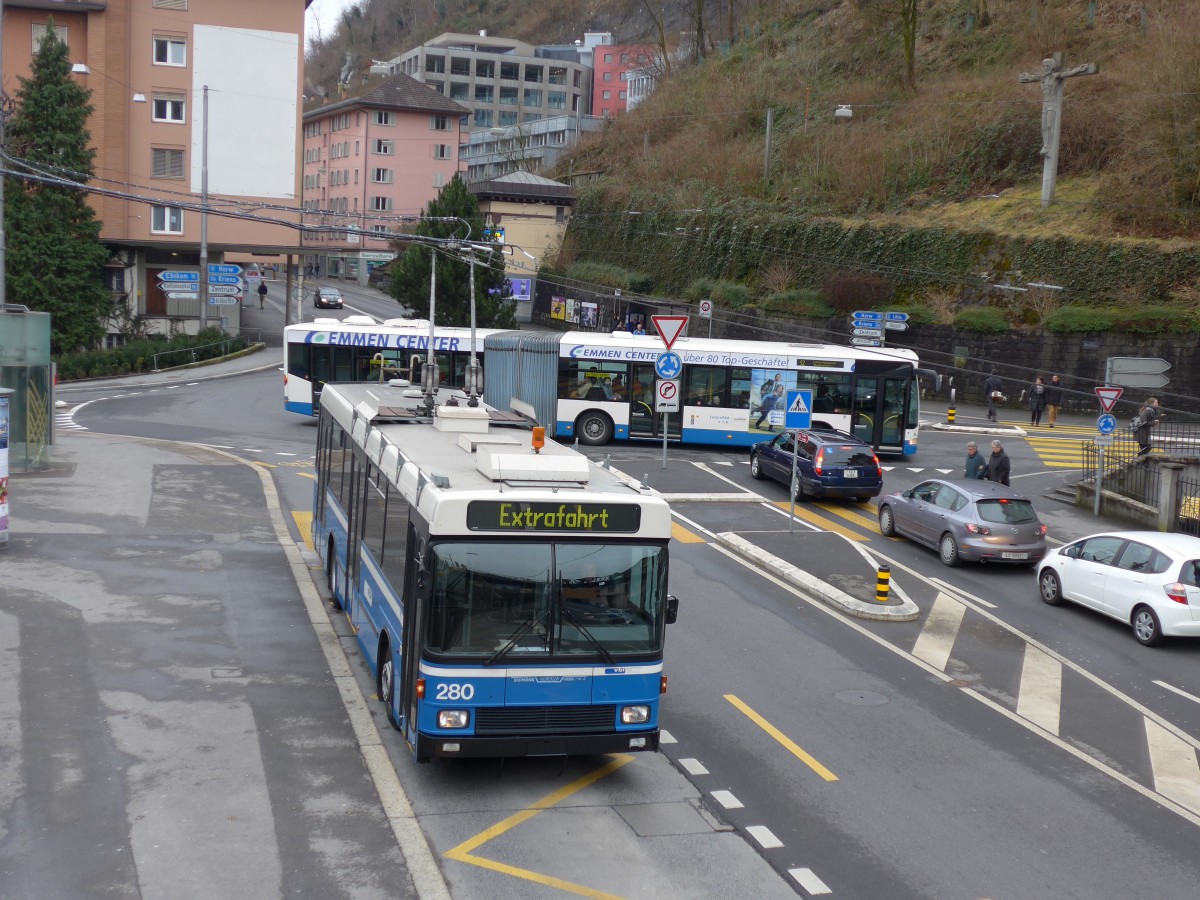(148'957) - VBL Luzern - Nr. 280 - NAW/R&J-Hess Trolleybus am 16. Februar 2014 in Luzern, Kreuzstutz