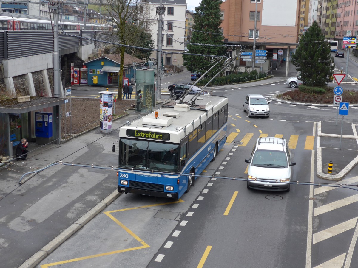 (148'958) - VBL Luzern - Nr. 280 - NAW/R&J-Hess Trolleybus am 16. Februar 2014 in Luzern, Kreuzstutz