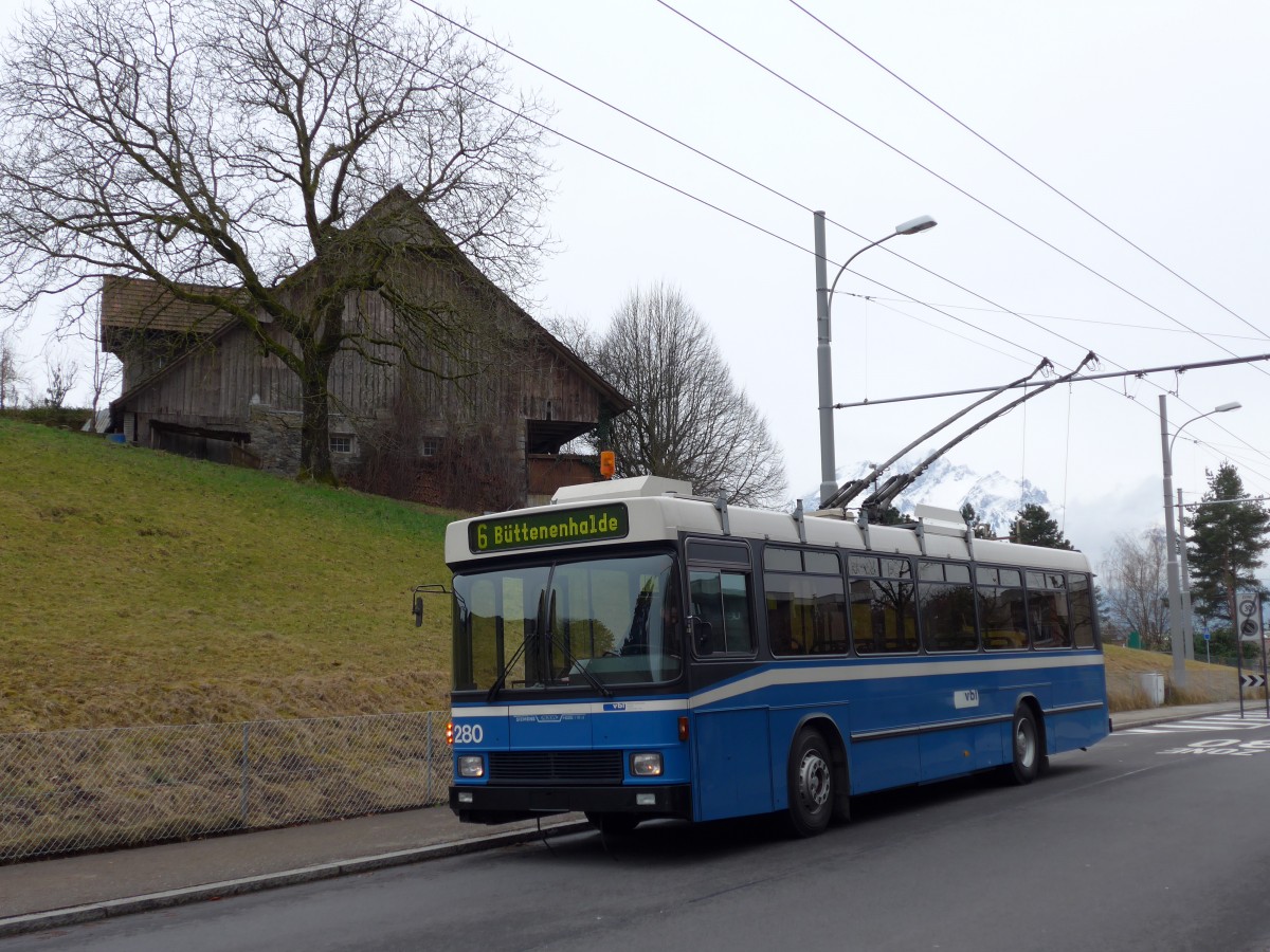 (148'999) - VBL Luzern - Nr. 280 - NAW/R&J-Hess Trolleybus am 16. Februar 2014 in Luzern, Eggen
