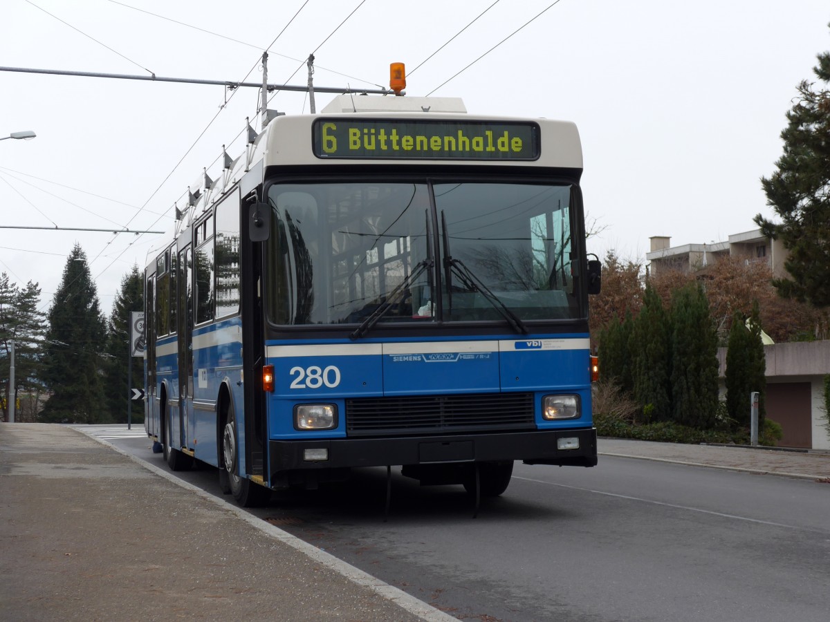 (149'003) - VBL Luzern - Nr. 280 - NAW/R&J-Hess Trolleybus am 16. Februar 2014 in Luzern, Eggen