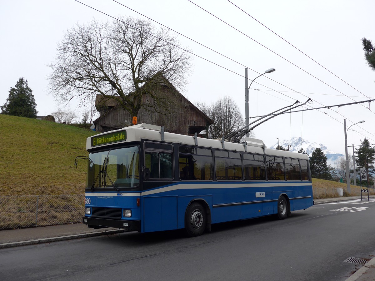 (149'004) - VBL Luzern - Nr. 280 - NAW/R&J-Hess Trolleybus am 16. Februar 2014 in Luzern, Eggen
