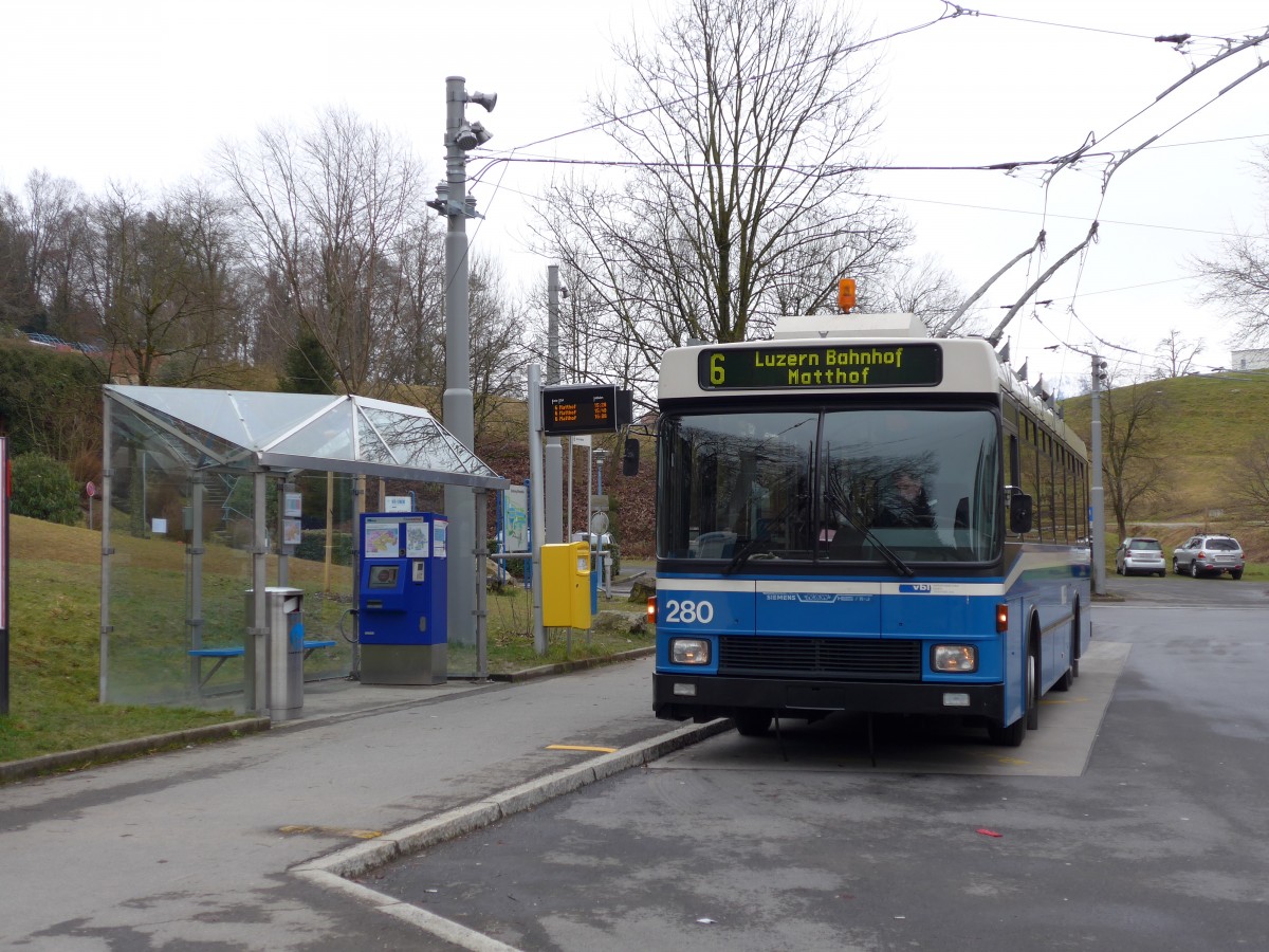 (149'007) - VBL Luzern - Nr. 280 - NAW/R&J-Hess Trolleybus am 16. Februar 2014 in Luzern, Bttenhalde