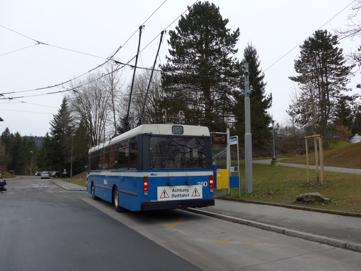 (149'013) - VBL Luzern - Nr. 280 - NAW/R&J-Hess Trolleybus am 16. Februar 2014 in Luzern, Bttenhalde