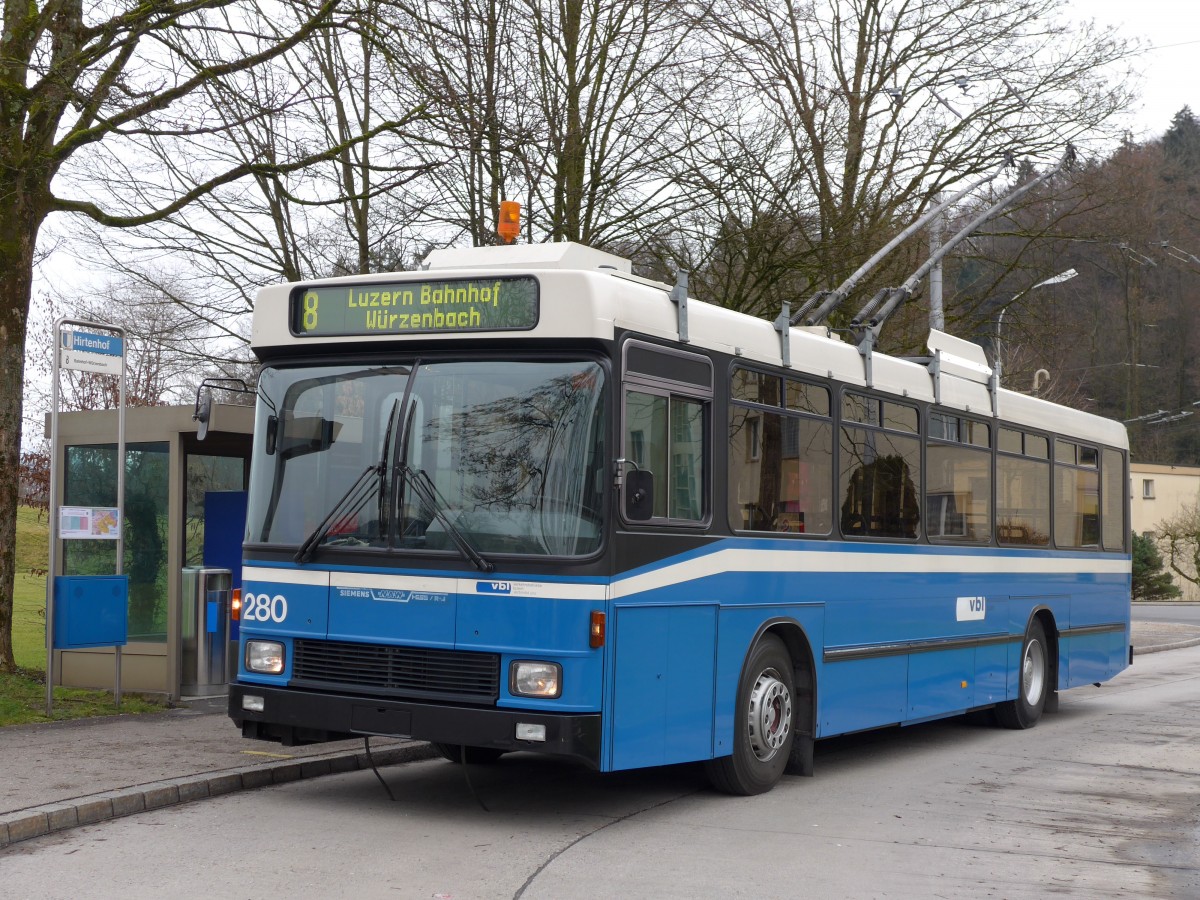 (149'023) - VBL Luzern - Nr. 280 - NAW/R&J-Hess Trolleybus am 16. Februar 2014 in Luzern, Hirtenhof