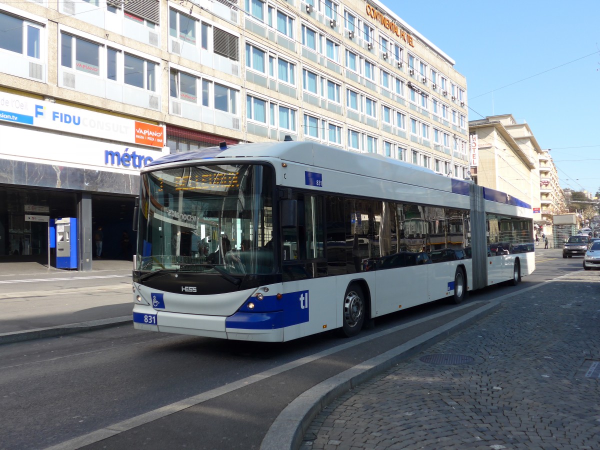 (149'261) - TL Lausanne - Nr. 831 - Hess/Hess Gelenktrolleybus am 9. Mrz 2014 beim Bahnhof Lausanne