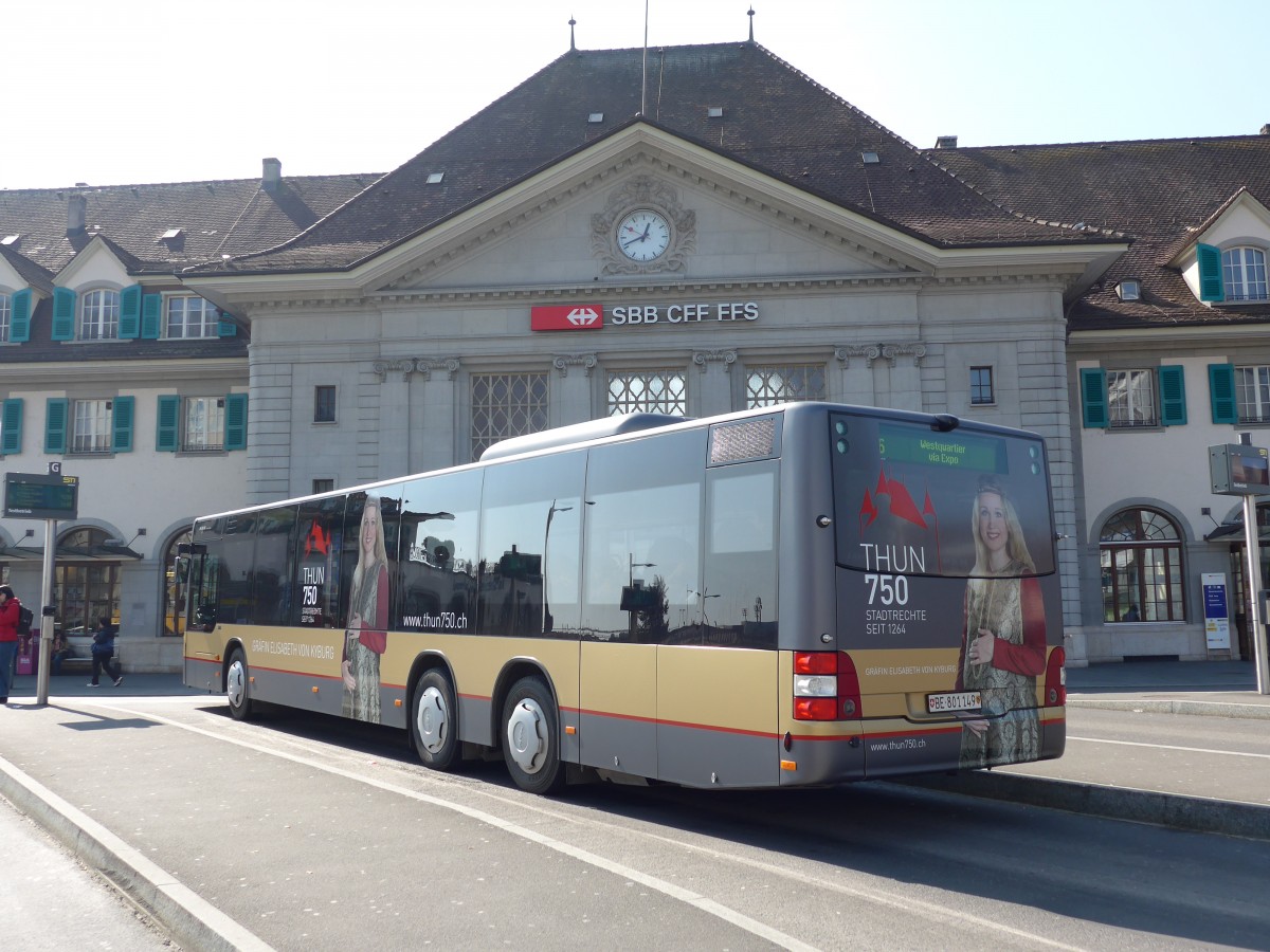 (149'296) - STI Thun - Nr. 149/BE 801'149 - MAN am 12. Mrz 2014 beim Bahnhof Thun
