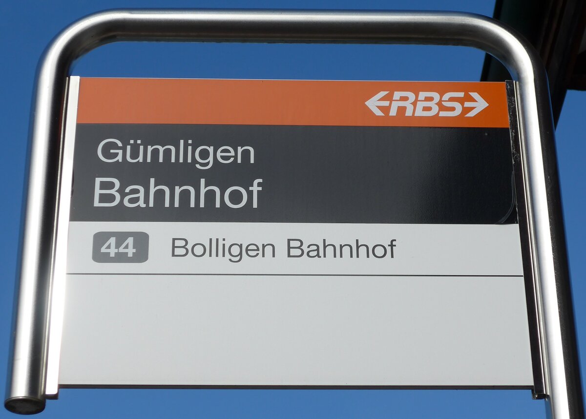 (149'362) - RBS-Haltestellenschild - Gmligen, Bahnhof - am 19. Mrz 2014