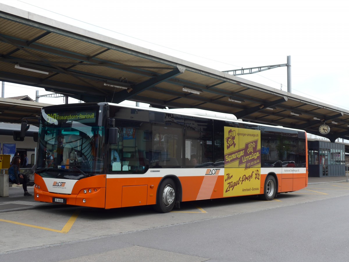 (149'725) - AOT Amriswil - Nr. 8/TG 64'058 - Neoplan am 21. April 2014 beim Bahnhof Romanshorn