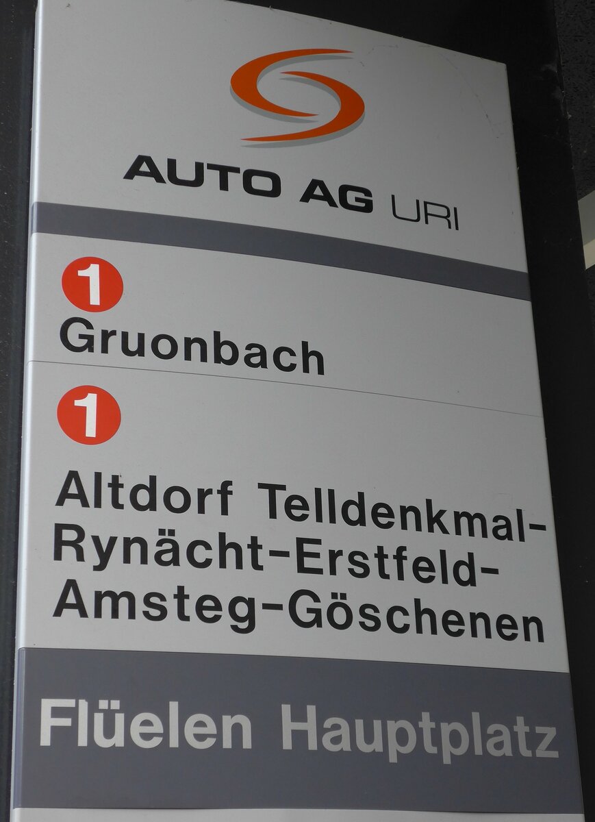 (150'557) - AUTO AG URI-Haltestellenschild - Flelen, Hauptplatz - am 10. Mai 2014