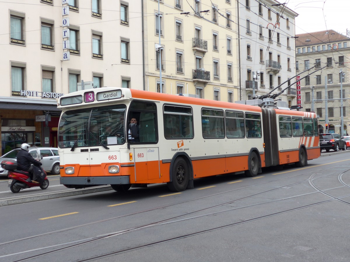 (150'772) - TPG Genve - Nr. 663 - Saurer/Hess Gelenktrolleybus am 26. Mai 2014 beim Bahnhof Genve