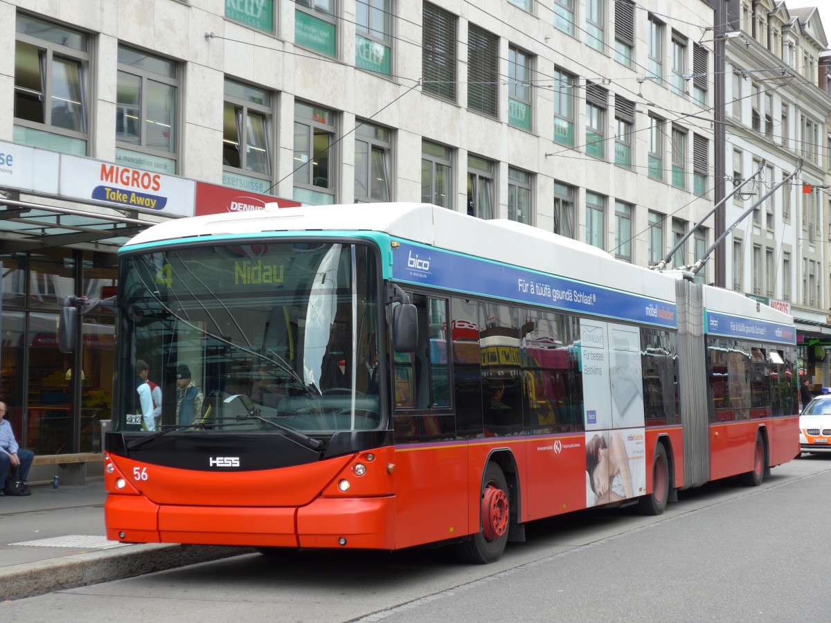 (151'085) - VB Biel - Nr. 56 - Hess/Hess Gelenktrolleybus am 29. Mai 2014 in Biel, Guisanplatz