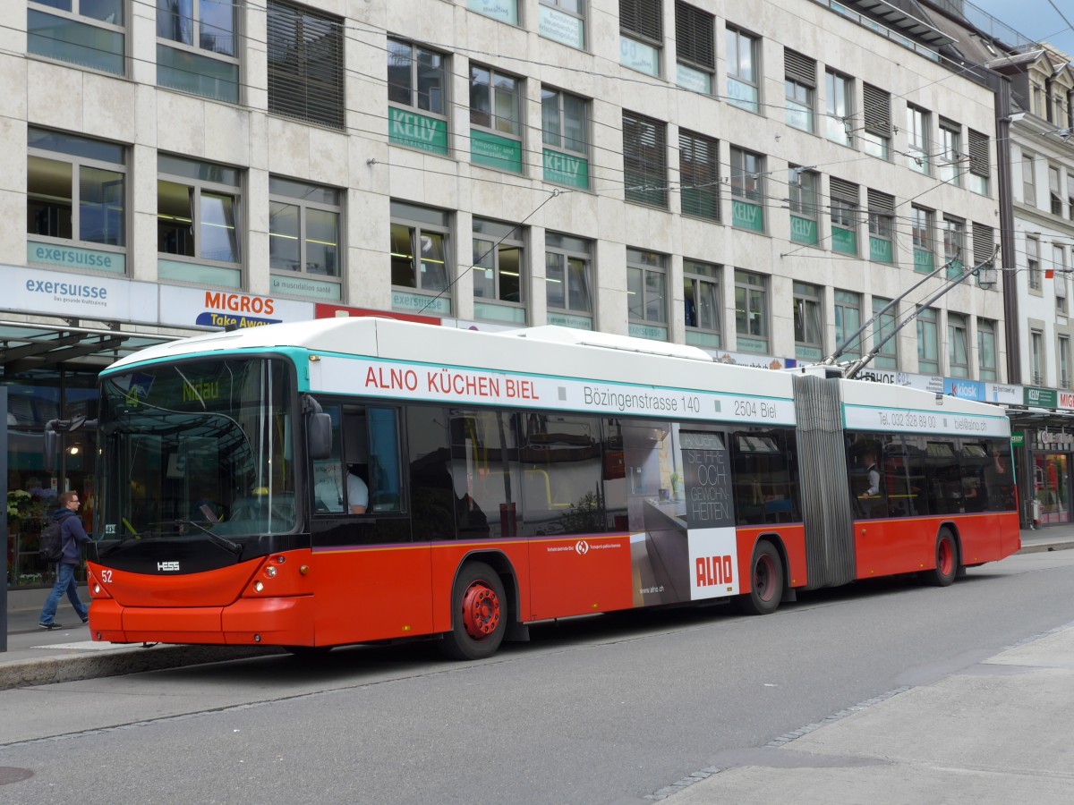 (151'091) - VB Biel - Nr. 52 - Hess/Hess Gelenktrolleybus am 29. Mai 2014 in Biel, Guisanplatz