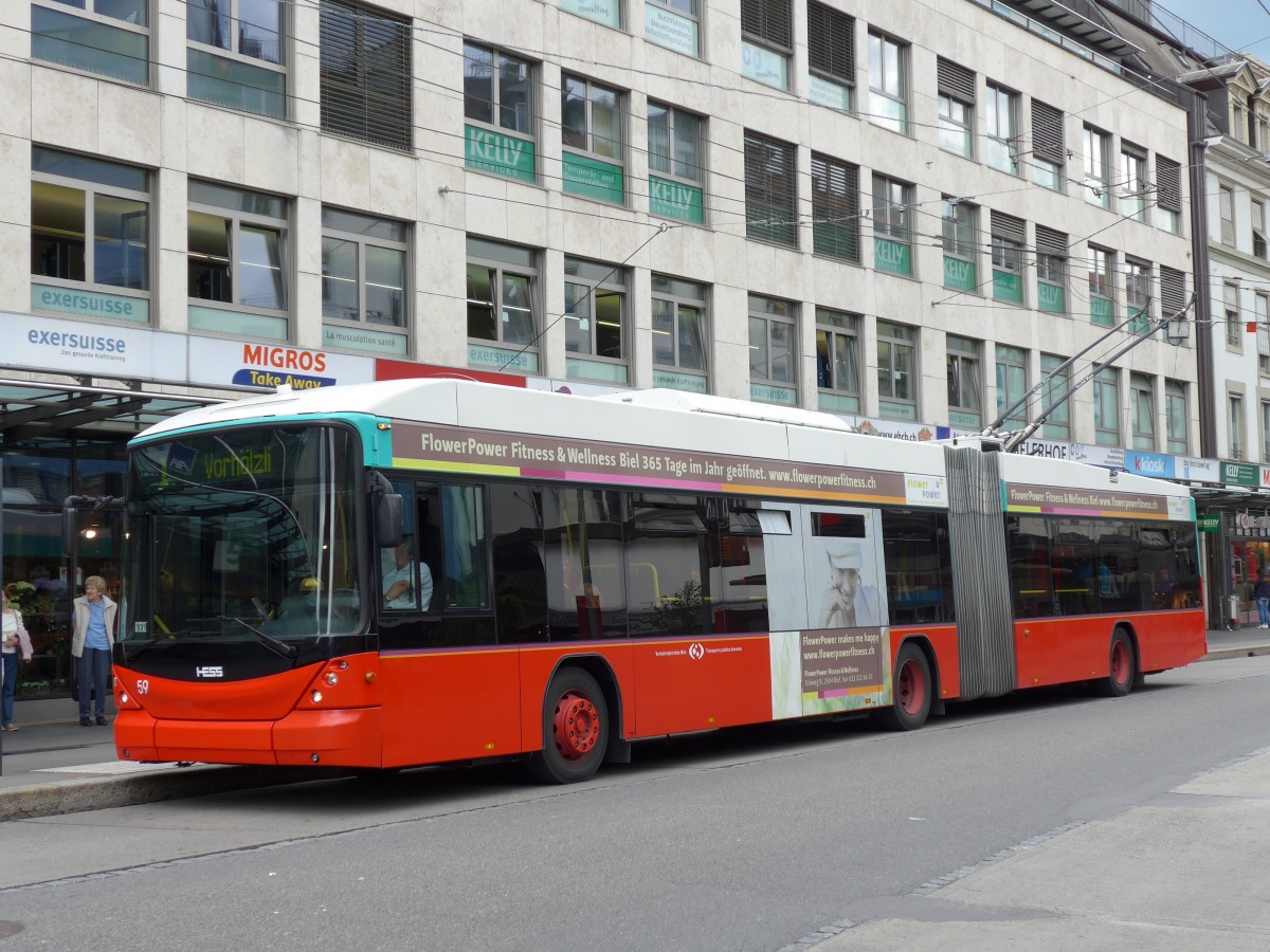 (151'092) - VB Biel - Nr. 59 - Hess/Hess Gelenktrolleybus am 29. Mai 2014 in Biel, Guisanplatz