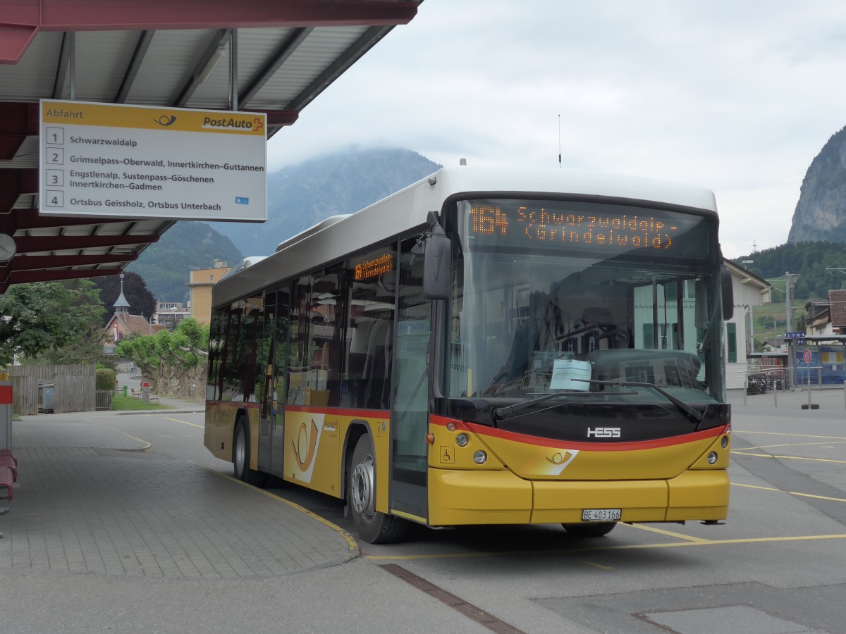 (151'578) - AVG Meiringen - Nr. 66/BE 403'166 - Scania/Hess (ex Steiner, Messen) am 15. Juni 2014 in Meiringen, Postautostation