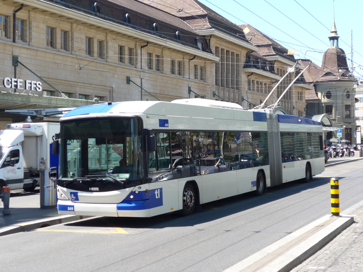 (151'725) - TL Lausanne - Nr. 849 - Hess/Hess Gelenktrolleybus am 21. Juni 2014 beim Bahnhof Lausanne