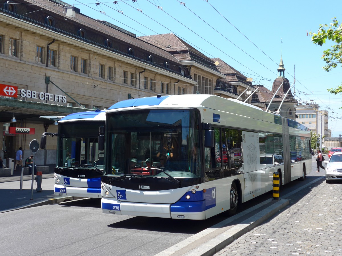 (151'732) - TL Lausanne - Nr. 838 - Hess/Hess Gelenktrolleybus am 21. Juni 2014 beim Bahnhof Lausanne