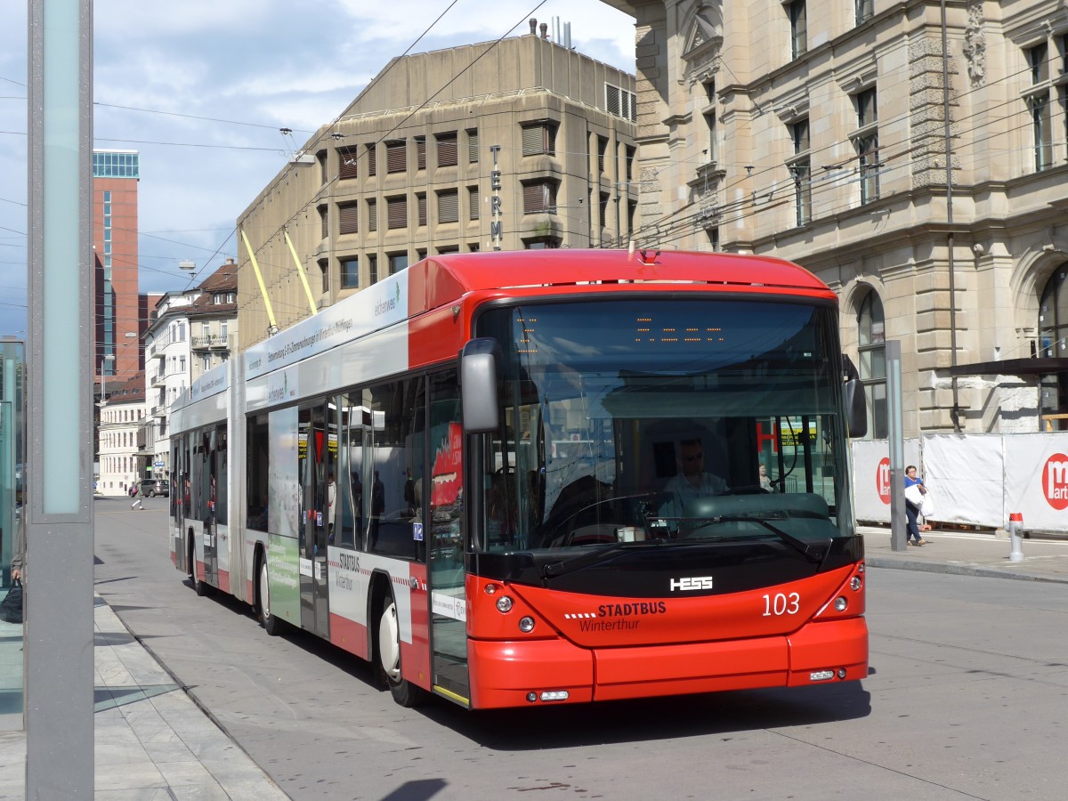 (153'937) - SW Winterthur - Nr. 103 - Hess/Hess Gelenktrolleybus am 16. August 2014 beim Hauptbahnhof Winterthur