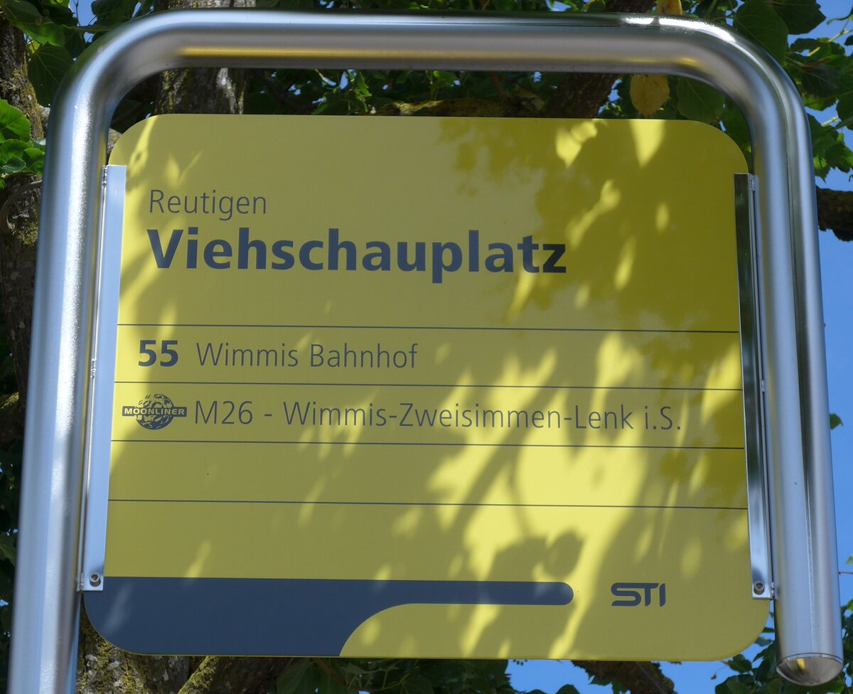 (153'968) - STI-Haltestellenschild - Reutigen, Viehschauplatz - am 17. August 2014