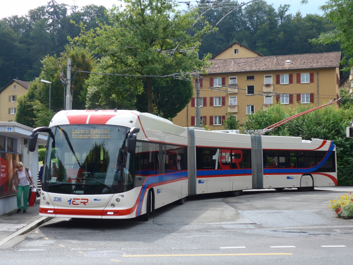 (154'041) - VBL Luzern - Nr. 236 - Hess/Hess Doppelgelenktrolleybus am 19. August 2014 in Luzern, Maihof