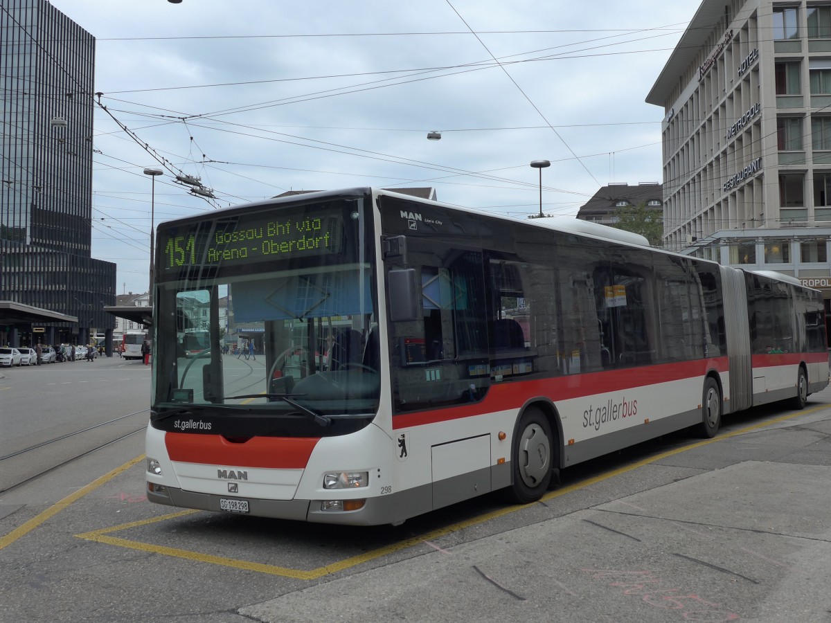(154'180) - St. Gallerbus, St. Gallen - Nr. 298/SG 198'298 - MAN am 20. August 2014 beim Bahnhof St. Gallen