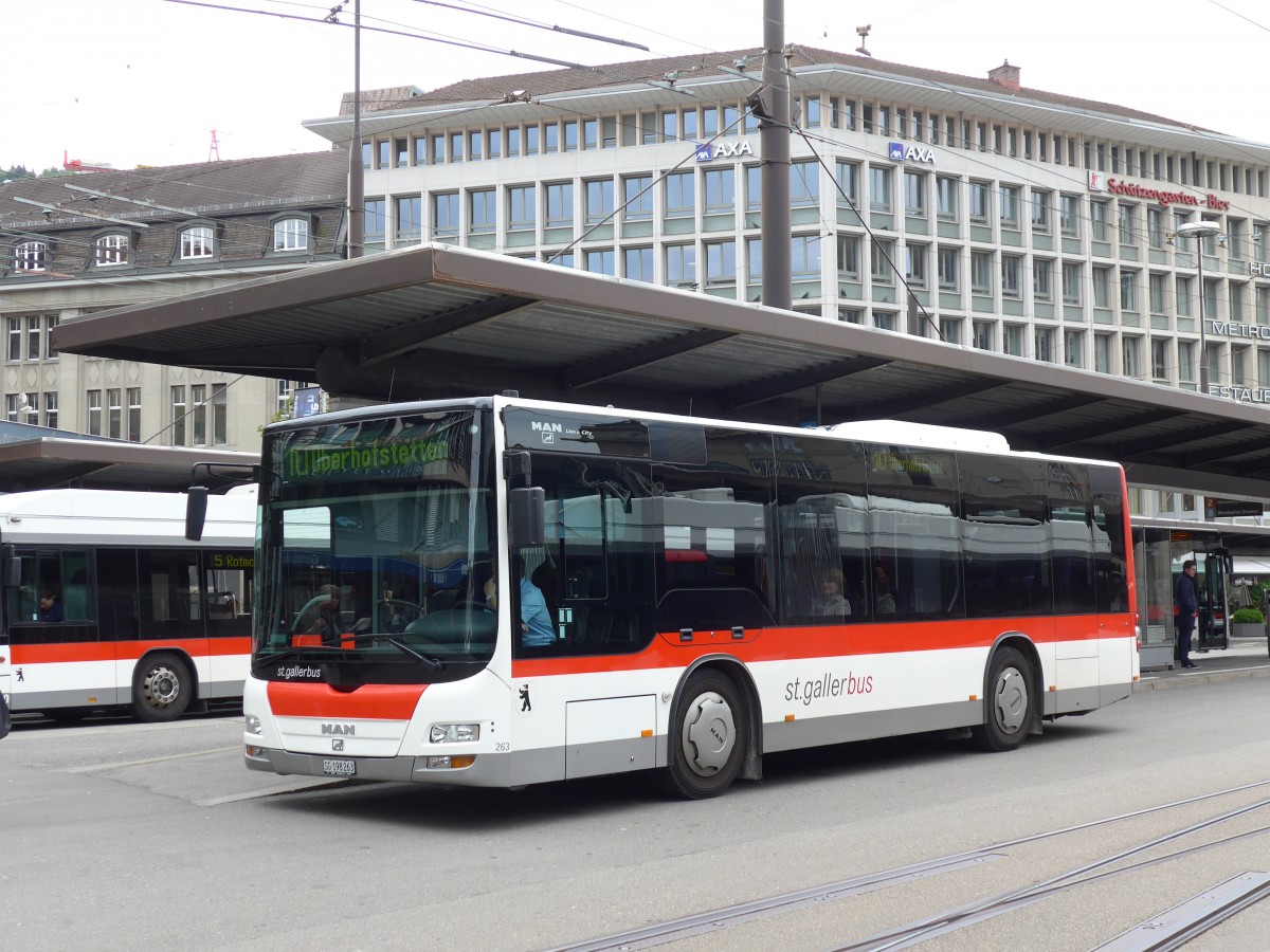 (154'183) - St. Gallerbus, St. Gallen - Nr. 263/SG 198'263 - MAN am 20. August 2014 beim Bahnhof St. Gallen