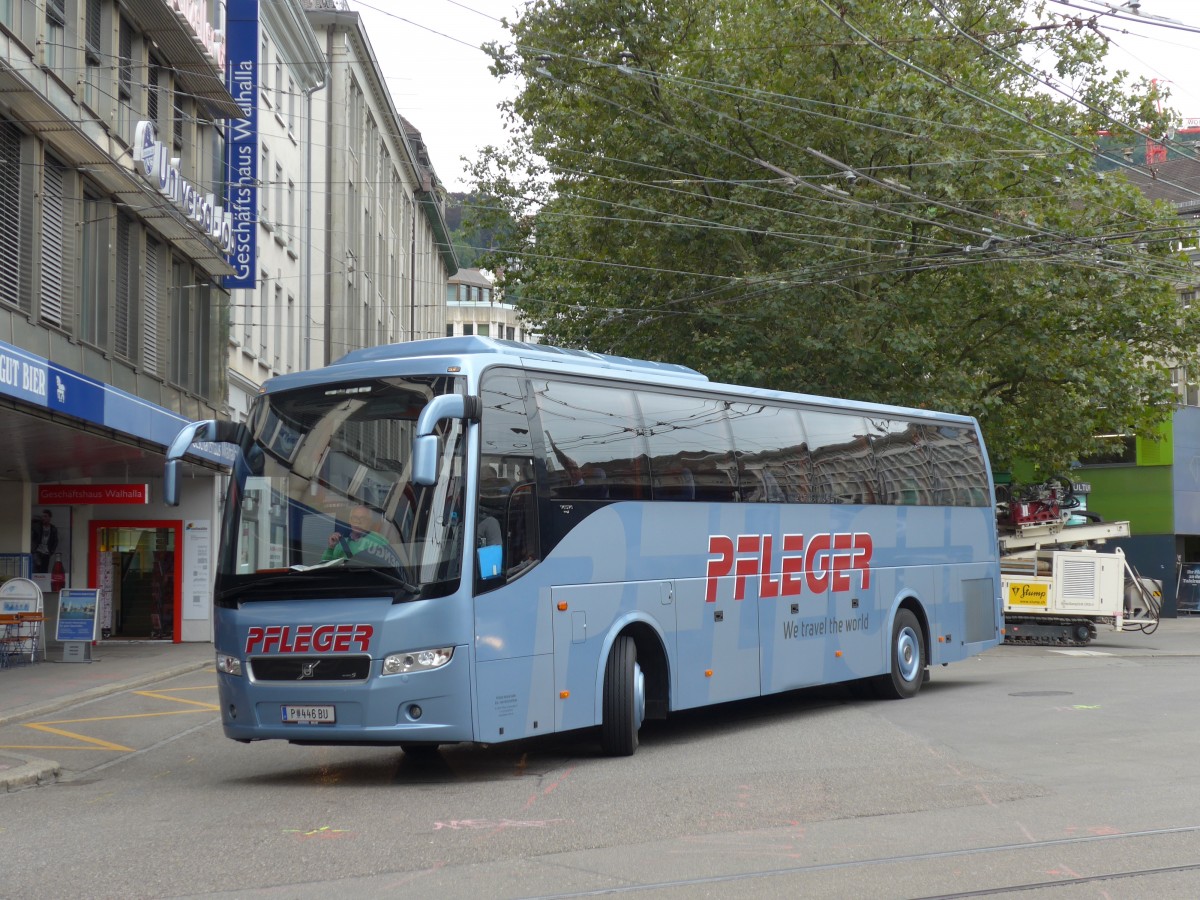 (154'210) - Aus Oesterreich: Pfleger, Plten - P 446 BU - Volvo am 20. August 2014 beim Bahnhof St. Gallen