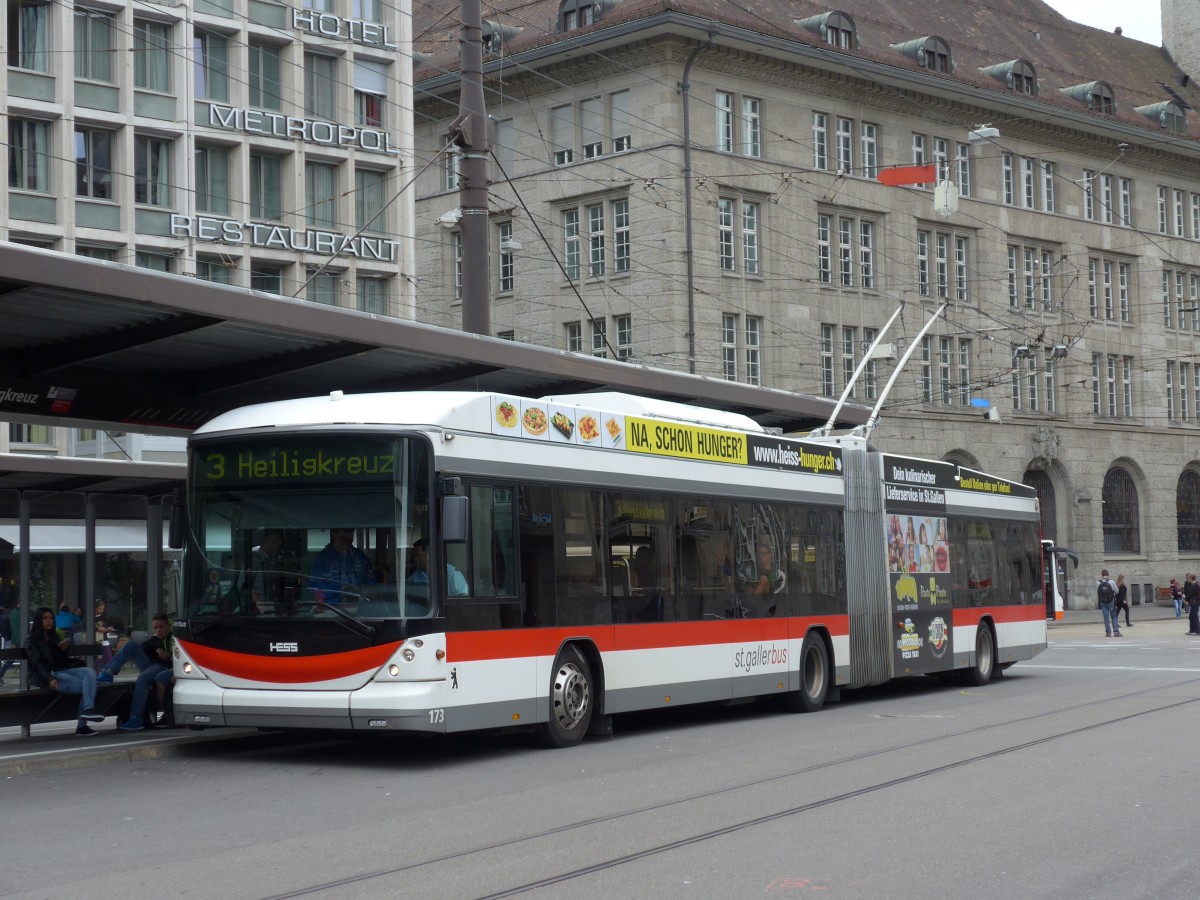 (154'211) - St. Gallerbus, St. Gallen - Nr. 173 - Hess/Hess Gelenktrolleybus am 20. August 2014 beim Bahnhof St. Gallen