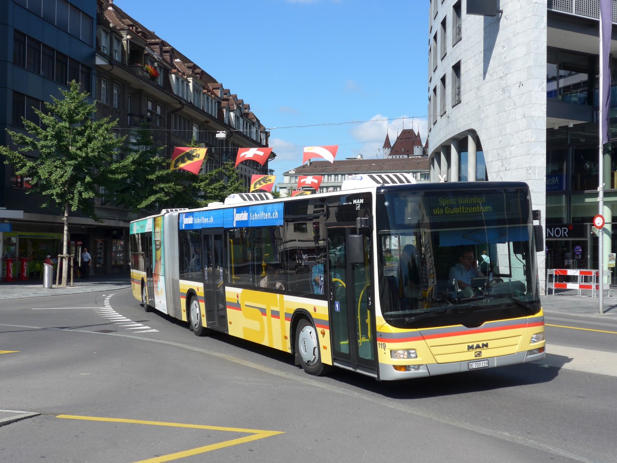 (155'259) - STI Thun - Nr. 119/BE 700'119 - MAN am 14. September 2014 beim Bahnhof Thun