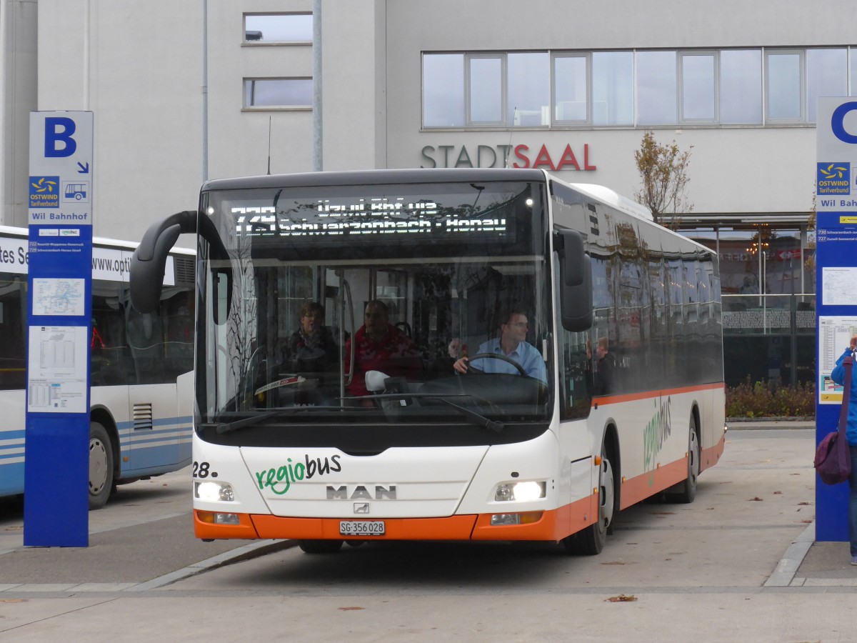(155'922) - Regiobus, Gossau - Nr. 28/SG 356'028 - MAN am 22. Oktober 2014 beim Bahnhof Wil