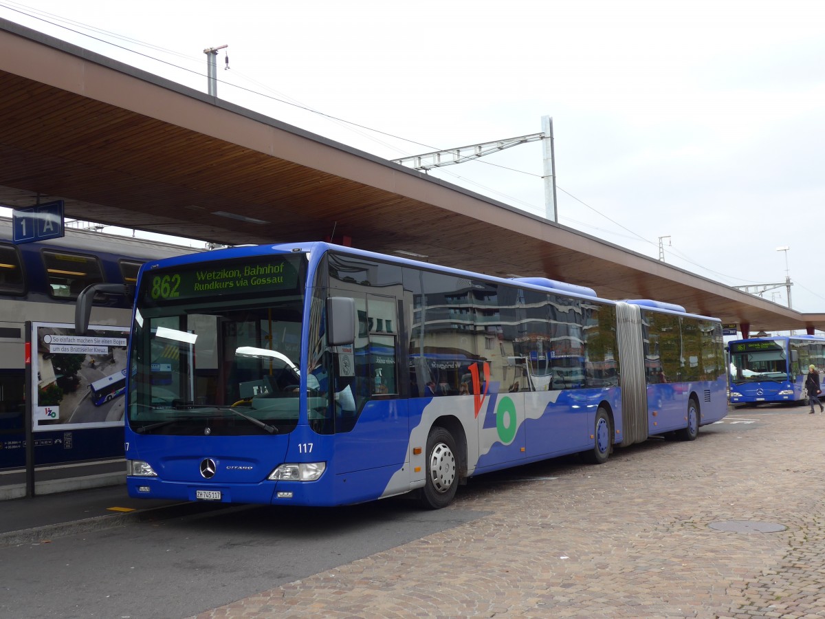 (156'225) - VZO Grningen - Nr. 117/ZH 745'117 - Mercedes am 28. Oktober 2014 beim Bahnhof Wetzikon