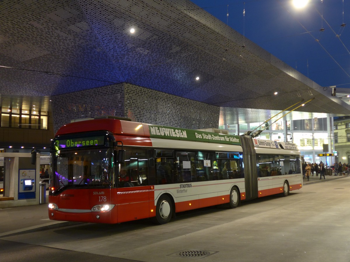 (157'570) - SW Winterthur - Nr. 178 - Solaris Gelenktrolleybus am 26. November 2014 beim Hauptbahnhof Winterthur