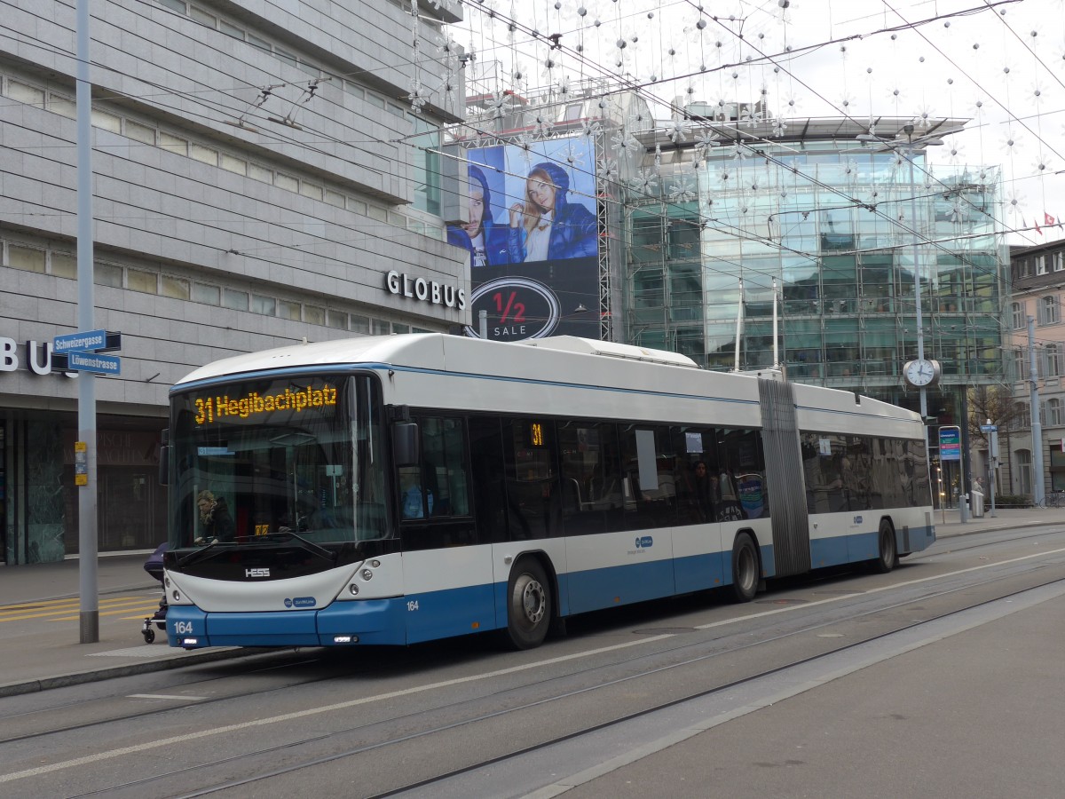 (157'738) - VBZ Zrich - Nr. 164 - Hess/Hess Gelenktrolleybus am 14. Dezember 2014 in Zrich, Lwenplatz