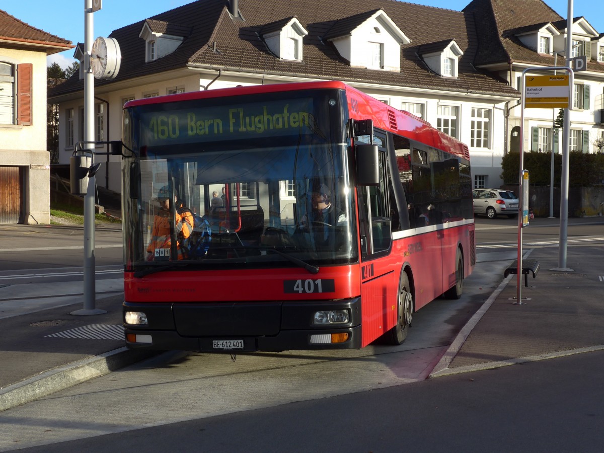 (157'854) - Brnmobil, Bern - Nr. 401/BE 612'401 - MAN/Gppel am 20. Dezember 2014 beim Bahnhof Mnsingen