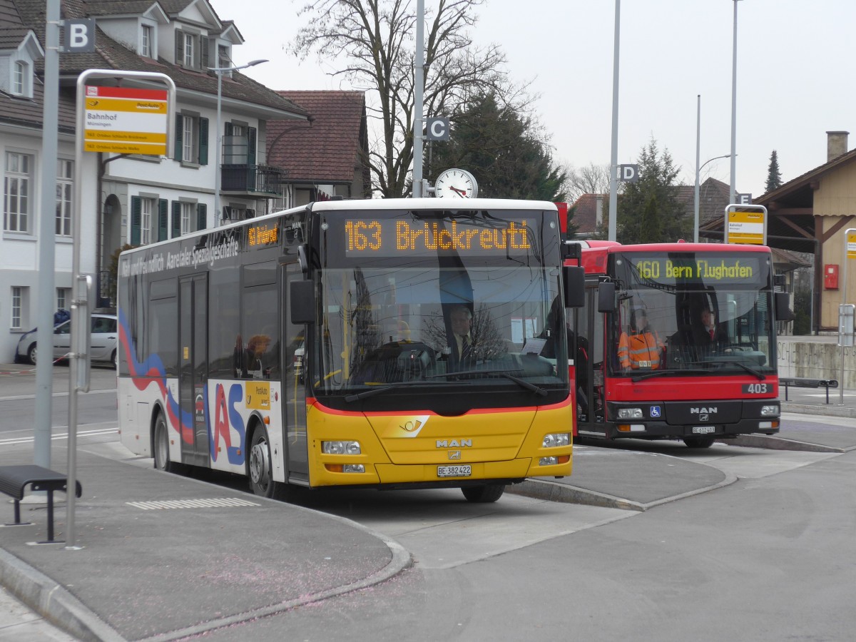 (158'460) - Lengacher, Mnsingen - Nr. 6/BE 382'422 - MAN/Gppel am 19. Januar 2015 beim Bahnhof Mnsingen